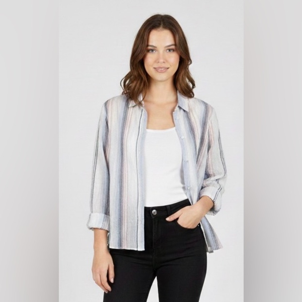 Fleur Bleve white w/pastel multicolored stripes button down long sleeve, M